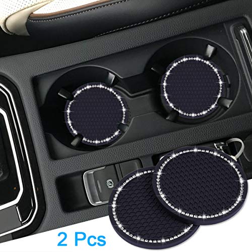 Bling Car Coasters, Wisdompro 2 Pack PVC Car Cup Holder Insert Coaster - Anti Slip Universal Vehicle Interior Accessories Crystal Glitter Cup Mats for Women and Men(2.75" Diameter, Black) - color: Black