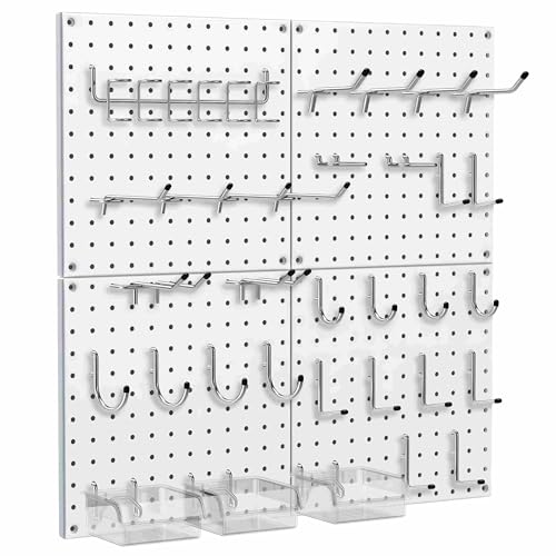 Peg Board, 68PCS Heavy Duty Metal Pegboard with Hooks, 4 Pack White Peg Board Panels, 50lbs Load Capacity Each, Pegboard Wall Organizer for Garage, Workshop, Craft Rooms Total 24” x 24” - color: White, size: 12“×12”-4PCS（with Hooks）