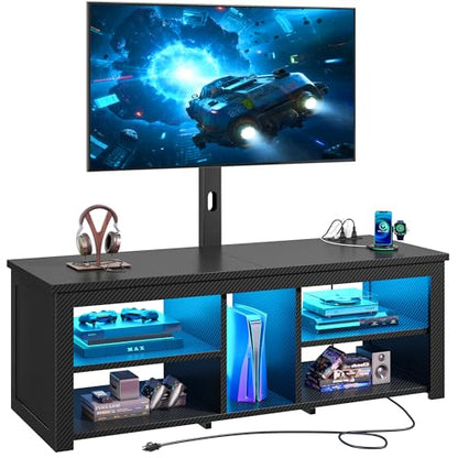TV Stand with Mount for 55/65 Inch TVs,Wood TV Stands for Living Room with Power Outlet & LED Entertainment Center Gaming Console for Bedroom, Height Adjustable Swivel TV Mount, Carbon Fiber Black - color: Black