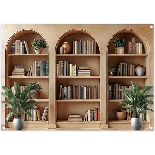 7x5ft Fabric Arched Bookshelf Backdrop School Library Books Modern Office Plants Video Conference Photography Background Indoor Decorations Photo Banner Props - size: 7'x5'