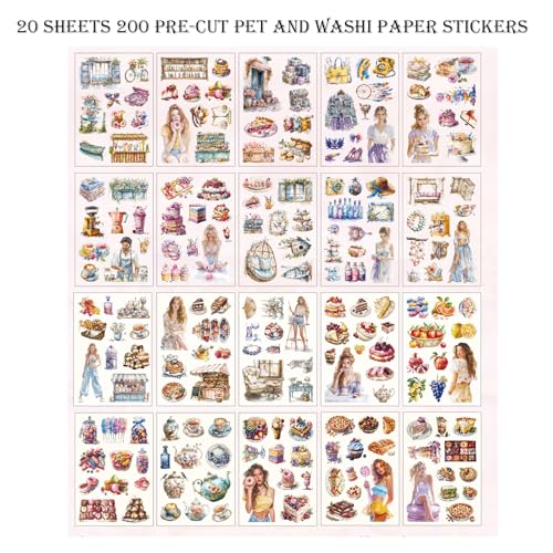 Scrapbooking Stickers 20 Sheets Pre-Cut 200 washi Stickers PET People Sticker Books for journaling Scrapbook Supplies Transparent Journal Sticker - color: Pink