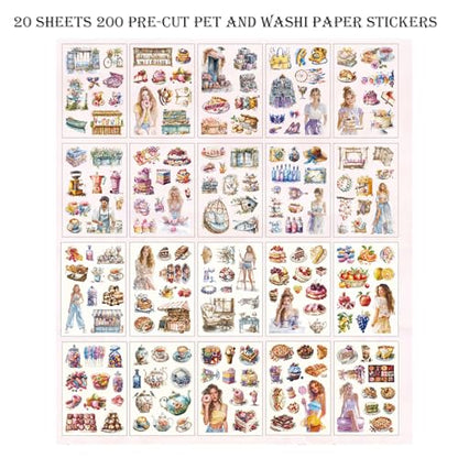 Scrapbooking Stickers 20 Sheets Pre-Cut 200 washi Stickers PET People Sticker Books for journaling Scrapbook Supplies Transparent Journal Sticker - color: Pink