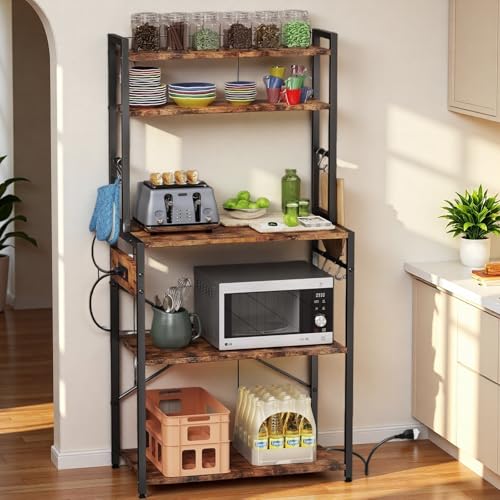 Luckyeestar 5 Tier Kitchen Bakers Rack with Power Outlet，25.2 Inch Metal Storage Shelf for Microwave, Coffee Bar, Spice Organizer, Freestanding Kitchen Cart with Hooks - size: 5-Tier 25.2 inches