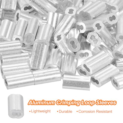 uxcell 100Pcs Aluminum Crimping Loop Sleeve for 3/64" Diameter Wire Rope, Double Ferrule Aluminum Wire Rope Sleeve for Cable Line End - size: 3/64"