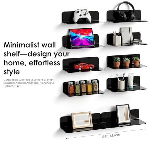 OAPRIRE Acrylic Floating Wall Shelves Set of 2, Damage-Free Expand Wall Space, Small Display Shelf for Smart Speaker/Action Figures with Cable Clips - color: Black
