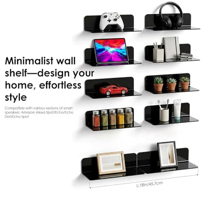 OAPRIRE Acrylic Floating Wall Shelves Set of 2, Damage-Free Expand Wall Space, Small Display Shelf for Smart Speaker/Action Figures with Cable Clips - color: Black