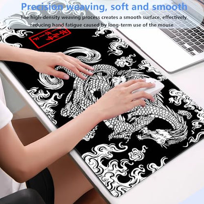 Japanese Dragon Desk Mat, Black White Large Gaming Mouse Pad 31.5x15.7 in | Stunning high contrast ink dragon desk pad providing elite tracking accuracy, plush support, and anti-fray borders. - color: Dragon