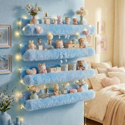 Care&More YJ 15 Inch Nail Polish Shelves, 4-Pack Fuzzy Display Nail Polish Rack for Storing Nail Bottles, Sunglasses, Essential Oils, Plush Soft (Blue) - color: Blue