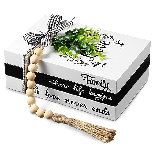 Capoda 3 Pcs Decorative Books for Home Decor Farmhouse Faux Stacked Books Wooden Rustic Table Decor with Bead Garland Twine Ribbon Faux Leaf for Table(Love) - style: Love
