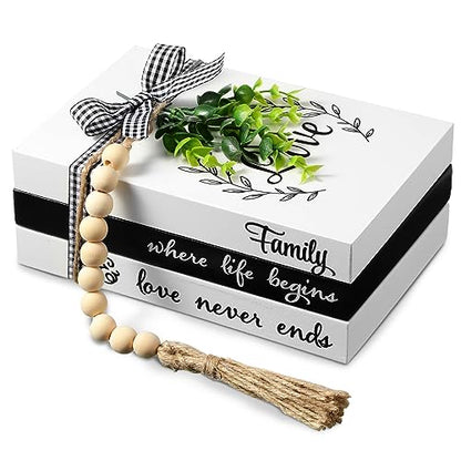 Capoda 3 Pcs Decorative Books for Home Decor Farmhouse Faux Stacked Books Wooden Rustic Table Decor with Bead Garland Twine Ribbon Faux Leaf for Table(Love) - style: Love
