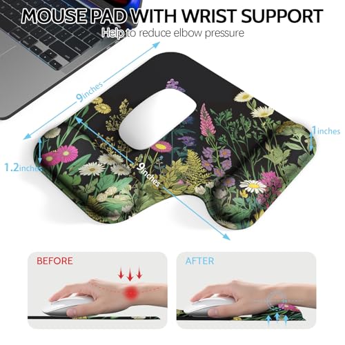 Ergonomic Mouse Pad with Gel Wrist Rest (1"& 1.2" Dual Height) - Mouse Pads Compact Mousepad Desk Mat Office, Gaming & Carpal Tunnel Relief | Non-Slip Rubber Base | Wildflower Black - color: Wildflower Black