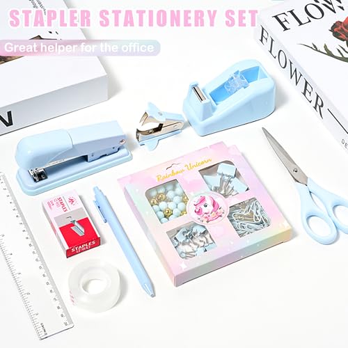 COMFYROOM Desk Accessories with Pen Holder, Office Supplies Desk Organizers and Accessories, Tape Dispenser, Stapler, Staple Remover, Staples, Clips Set, Ruler, Scissor, Pen, Tape (Blue) - color: Desk Accessories Office Supplies-Blue
