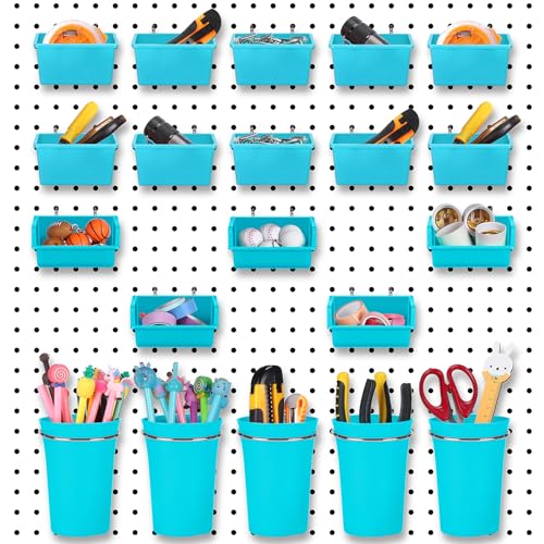 Yookeer 20 Pcs Pegboard Bins and Cups with Hooks and Loops Peg Assortment Organizer Accessories Various Tool Organizer Pegboard Baskets Set for Garage Workshop Workbench Office(Blue) - color: Blue