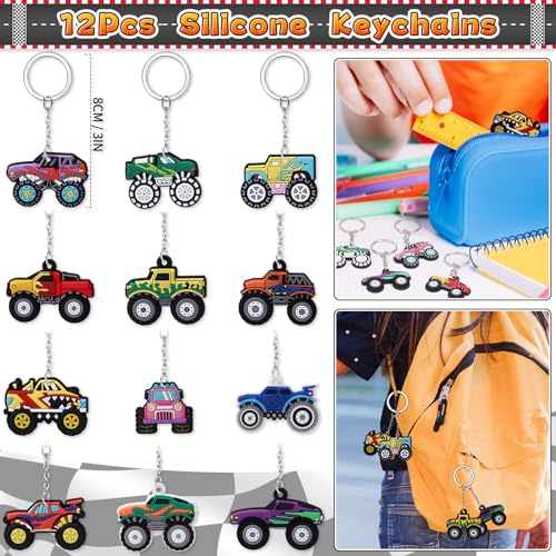 SNLN Monster Truck Party Favors Birthday Supplies for Boys Kids, Drawstring Bag Silicone Bracelet Keychain Tattoo Sticker Pinata Goodie Bag Stuffers Monster Truck Birthday Party Supplies Decor - style: Monster Truck