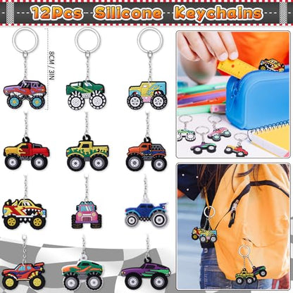 SNLN Monster Truck Party Favors Birthday Supplies for Boys Kids, Drawstring Bag Silicone Bracelet Keychain Tattoo Sticker Pinata Goodie Bag Stuffers Monster Truck Birthday Party Supplies Decor - style: Monster Truck