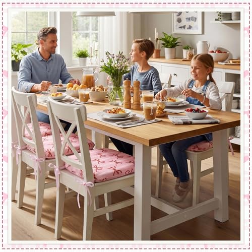 6 Pack Pink Bow Chair Cushions for Dining Chairs 17" x 16" x 2" D-Shaped Breathable Linen Kitchen Chair Pads with Ties Washable Non Slip Seat Cushion for Dining Kitchen Office Indoor - style: Bow