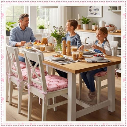6 Pack Pink Bow Chair Cushions for Dining Chairs 17" x 16" x 2" D-Shaped Breathable Linen Kitchen Chair Pads with Ties Washable Non Slip Seat Cushion for Dining Kitchen Office Indoor - style: Bow