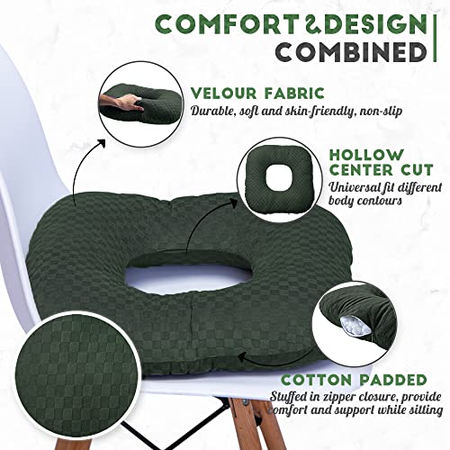 Stuffed Donut Pillow Seat Cushion | for Tailbone and Coccyx Pain, Hemorrhoids, Bed Sores, Pregnancy, Prostate, Surgery Recovery, Sitting Pressure Relief, for Home, Office and Car (Dark Green) - color: Dark Green