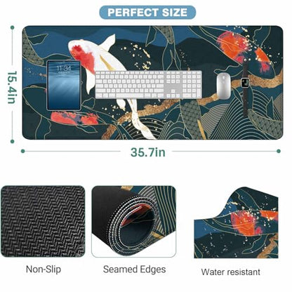 Japanese Fish Mouse Pad Abstract Oriental Japanese Asian Keyboard Mat Large Gaming Mousepad for Desk,Office,Bed 35.4"X15.7" - color: koi fish