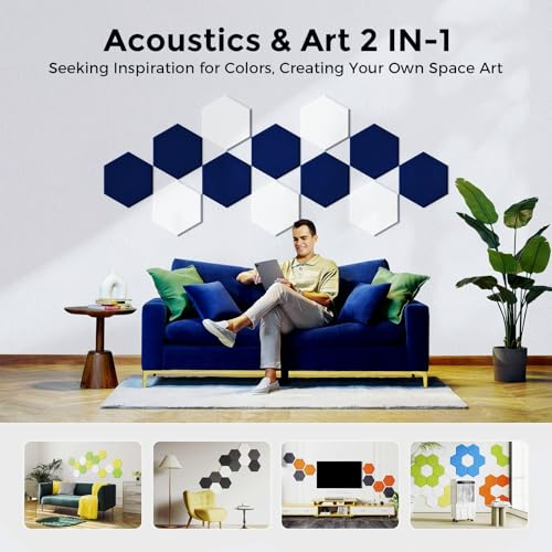Self-Adhesive Acoustic Panels [390 lbs/yd³ Ultra-High Density], 2nd Generation Sound Absorbing Panel, Professional Level Sound Panel, Polyester Soundproof Foam [Medium Hexagon, White & Dark Blue] - color: White & Dark Blue, size: Medium Hexagon (12''x10''