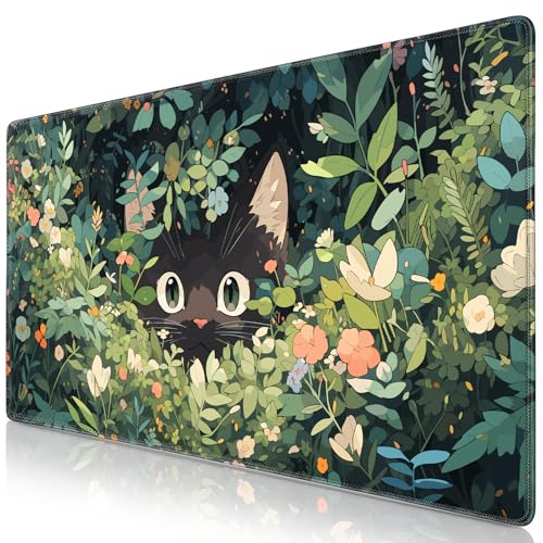 Canjoy Cute Black Cats Anime Mouse pad, 31.5x15.7inch Kawaii Computer Keyboard Mat Extended Large Gaming Mouse Pad with Non-Slip Rubber Base - color: Curious Cat