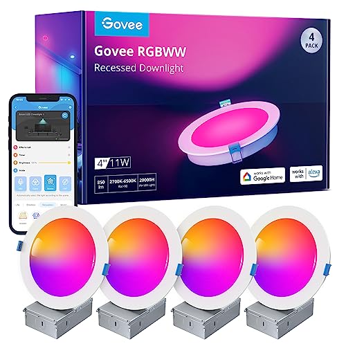 Govee Smart Recessed Lighting 4 Inch, Wi-Fi Bluetooth Direct Connect RGBWW LED Downlight, 65 Scene Mode, Work with Alexa & Google Assistant, LED Recessed Lighting with Junction Box, 850 Lumen, 4 Pack - size: 4 Inch