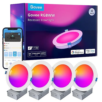Govee Smart Recessed Lighting 4 Inch, Wi-Fi Bluetooth Direct Connect RGBWW LED Downlight, 65 Scene Mode, Work with Alexa & Google Assistant, LED Recessed Lighting with Junction Box, 850 Lumen, 4 Pack - size: 4 Inch