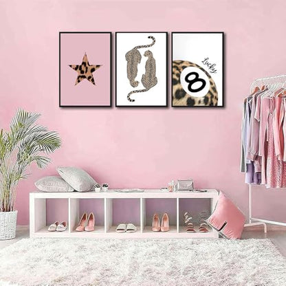 Set of 3 Preppy Cheetah Wall Art Trendy Pink Leopard Canvas Prints Star Lucky 8 Ball Posters Aesthetic Wall Decor Pictures for Girly Bedroom Apartment Dorm Unframed 12x16in