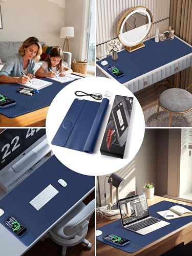 TopMade Mouse Pad with 15W Wireless Charging, XXL Large Leather Desk Mat, Waterproof Gaming Mousepad Home Office Desk Pad Protector, Computer Keyboard Pad, Mouse Mat for MacBook, PC, Laptop, Blue - color: Blue