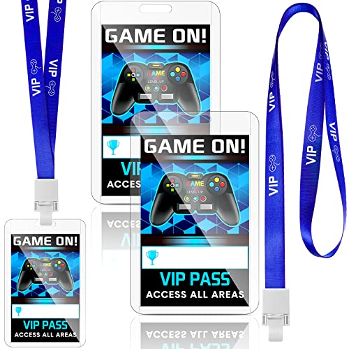 Leinuosen 16 Pieces Blue Video Game VIP Pass Holder Tickets Set Video Game Ticket Holder Gamer Party VIP Pass Lanyards for Birthday Party Supplies Favors