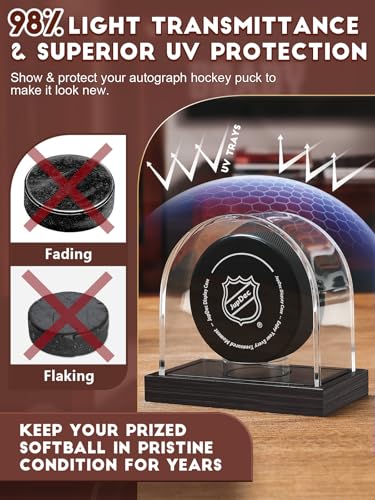 JupDec Hockey Puck and Collectibles Display Case, Premium Acrylic Clear Box Puck Holder with Mahogany Wood Base, Showcase for Autographed Souvenir Memorabilia, Collectible Figure Stand, Black - size: 1 Pack