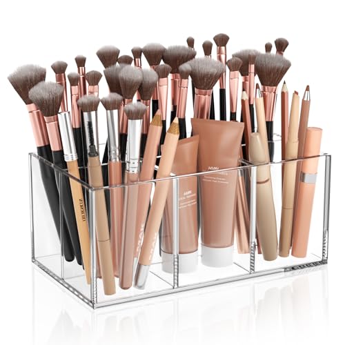 HIIMIEI Clear Makeup Brush Holder Organizer Acrylic 6-Slots Cosmetic Brushes Storage Organizer for Vanity Countertop - color: Clear