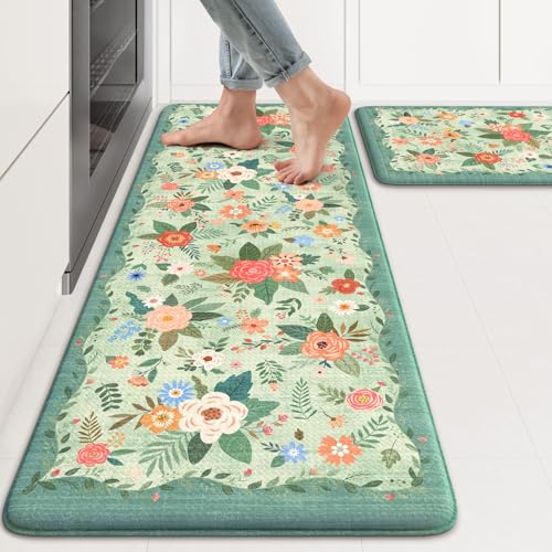 KIMODE Anti Fatigue Mats for Kitchen Floor 17"x47"+17"x29",Green Farmhouse Kitchen Rugs Sets of 2, Cushioned Kitchen Floor Mats Non Skid, Memory Foam Mats for Laundry Office Sink Desk - color: Flower/Green, size: 17.3" x 47"+17.3" x 29"--0.47 inches