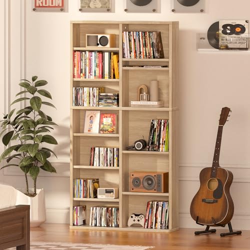 7 Tier Tall Display Cabinet, Natural Media Storage Cabinet with Adjustable Shelves, Free Standing DVD Organizer Shelf, Floor multimedia storage manga bookshelf for Living Room & Home Office. - color: Natural, size: 7-Tier