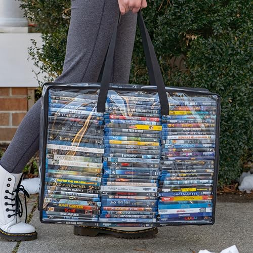 Besti Blu Ray Case Holder Organizer, Set of 2 Clear Plastic Bags with Handles for Storing Blurays, DVDs, CDs, Storage Bags for Video Game Cases, Holds Up To 90 Bluray and 60 DVD Cases (Black)