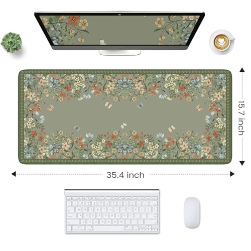 HAOCOO Dark Green Floral Desk Mat, Desk Mat for Keyboard and Mouse, XL Mouse Pad with Non-Slip Rubber Base, Waterproof Computer Mats for Desktop, Long Mouse Pad for Gaming, Women Office - color: Dark Green