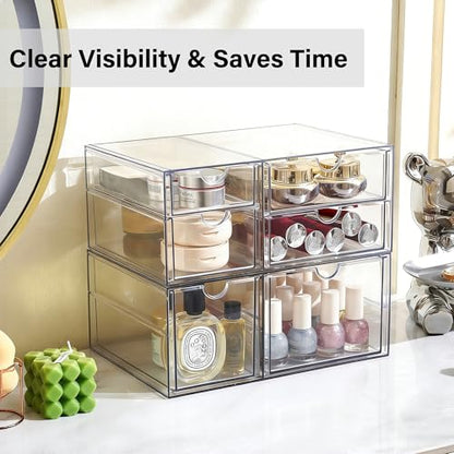 Prsildan Acrylic Makeup Organizer Clear Storage Drawer with 6 Small Drawers | Transparent, Vanity Organizers, For Bathroom Kitchen Cabinet Office Desk Under Sink, Set of 2 - style: 6 Drawers
