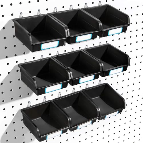 FRIMOONY Pegboard Bins with Hooks and Labels, 10 Packs, Black | For Organizing Accessories