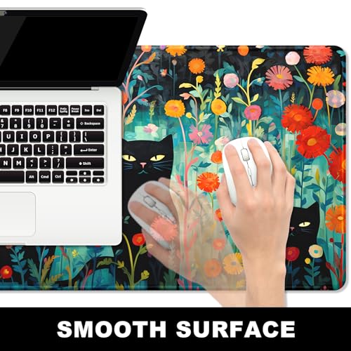 BOSOBO Large Desk Mat, XXL Gaming Mouse Mat, Full Cover Desktop 31.5 x 11.8 Inches, Black Cat GreenFolwers - color: Black Cat and Folwers, size: XL - 31.5 x 11.8 Inches
