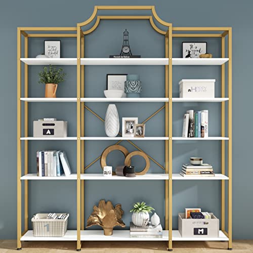 Auromie Triple Wide 5-Tier Bookshelf, 70.87" L x 79.13" H Extra Large Gold Bookcase, Tall Display Shelf with Metal Frame, Freestanding Etagere Storage Display Shelf for Home Office, White Gold - color: Gold&white
