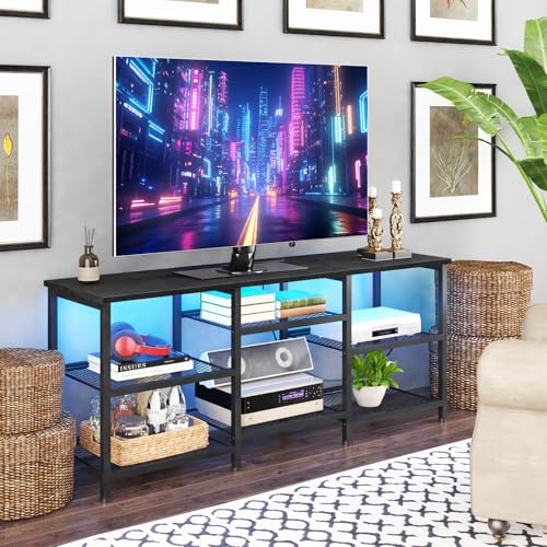 YGEOMER Entertainment Center for TVs Up to 50 Inch, Entertainment Stand with Power Outlet and LED Lights Open Storage Shelves, TV Console Table for Living Room and Bedroom, Black - color: Black
