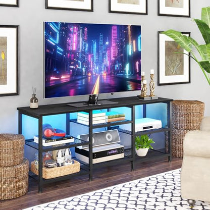 YGEOMER Entertainment Center for TVs Up to 50 Inch, Entertainment Stand with Power Outlet and LED Lights Open Storage Shelves, TV Console Table for Living Room and Bedroom, Black - color: Black