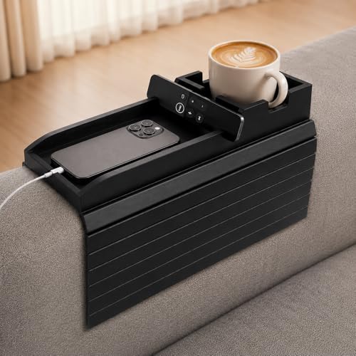 Bamboo Couch Arm Tray Table with Built-in Cup Holder, Foldable Anti-Slip Sofa Armrest Table for Drinks, Phone & Remote, Fits 4.7–16.9 in Armrests, Holds Cups up to 3.5 in Diameter (Black) - color: Black