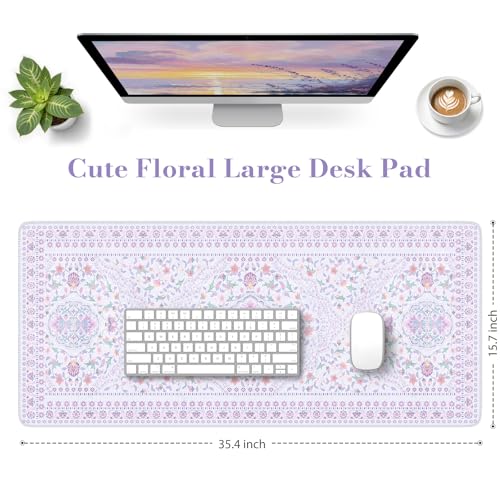 HAOCOO Elegant Floral Desk Mat, Cute Purple Mousepad Home Decor, 35.4" x 15.7" Large Keyboard Pad, Aesthetic Flower Desktop Mat Office Accessories, Waterproof Teacher Desk Pad Mat for Work, Study - color: Lavender, size: 35.4" x 15.7"
