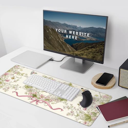 Floral Heart Pattern XXL Mouse Pad, Desk Mat with Non-Slip Base, Pink Keyboard Mat with Stitched Edges 35 x 15.8 inches - color: Floral Bow