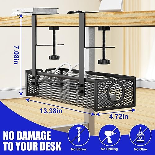 REFLYING Under Desk Cable Management Tray, Metal Long Arms (3.9in), No Drill Mesh Cable Tray, Wire Organizer, 1 Pack, Black