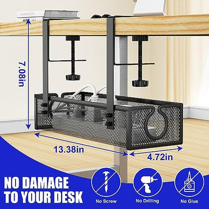 REFLYING Under Desk Cable Management Tray, Metal Long Arms (3.9in), No Drill Mesh Cable Tray, Wire Organizer, 1 Pack, Black