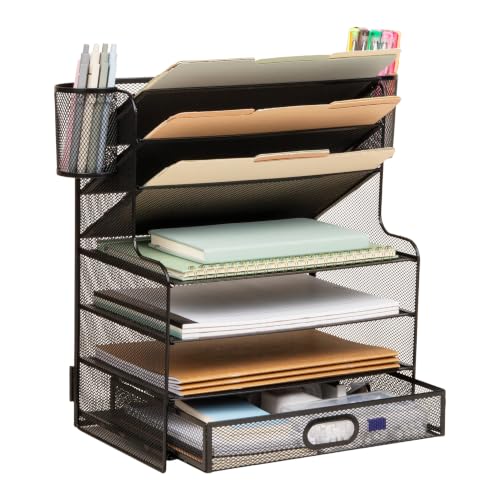 Mind Reader Mesh Desk Organizer, 6 Compartments, 1 Drawer, 2 Pen Cups, Office Desktop Organizer, Metal Mesh, Black