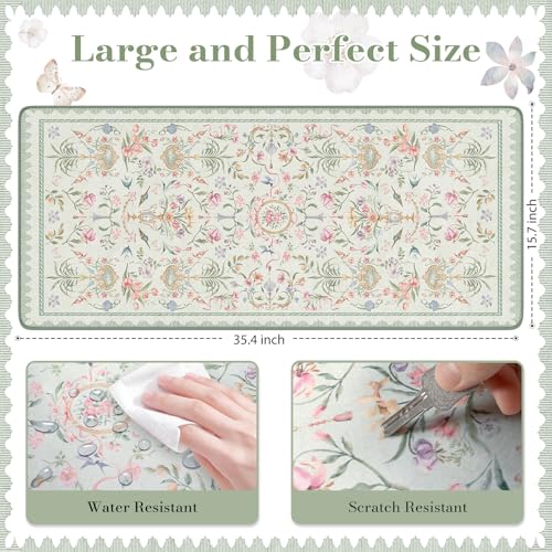 HAOCOO Floral Mouse Pad, 35.4" x 15.7" Waterproof Makeup Mat, Cute Aesthetic Desk Decor Pad, Women Office Keyboard Matt with Stitched Edges, Green Desk Accessories Work for Home - color: Sage Green, size: 35.4" x 15.7"
