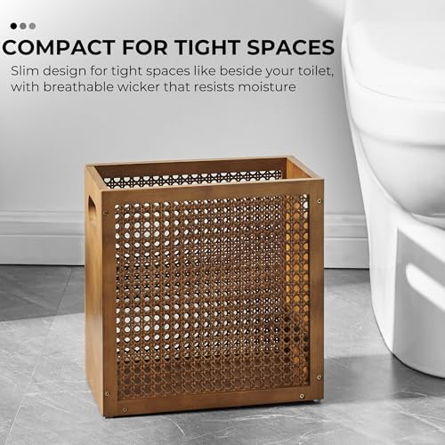 TIOPGHAD 3-Gallon Small Rattan Wicker Waste Basket Trash Can, Brown | Bamboo Frame with Handles, 11.8x6.7x11.8 inches, Waterproof Coating, Ideal for Bathroom, Office and Bedroom - color: Brown